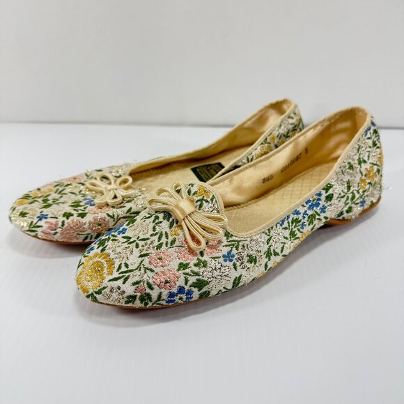 Daniel Green Shoes - Vintage Daniel Green Slippers Womens 6 1/2 B Lotus Satin Lined Floral Brocade Ta